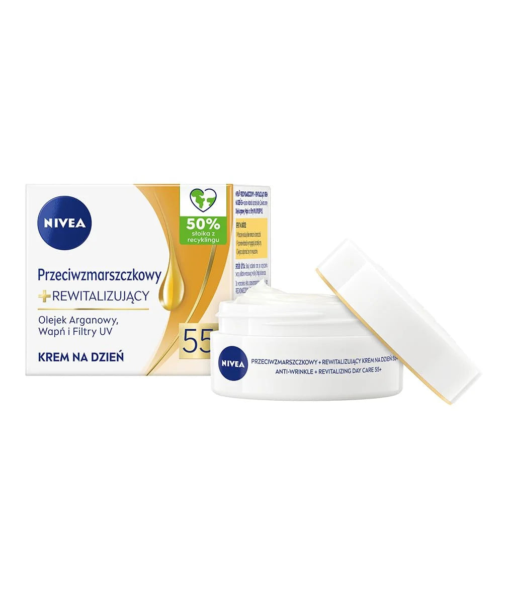 NIVEA Anti-Wrinkle Revitalizing 55+ Day Cream for Mature Skin – Intensive Moisture & Skin Vitality Boost with Argan Oil & Calcium – 50 ml (1.69 fl oz) – Revitalize & Strengthens