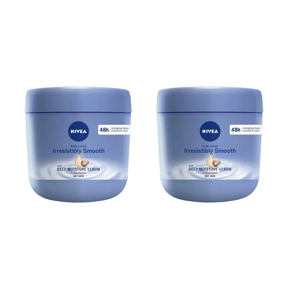 NIVEA Irresistibly Smooth Body Cream with Shea Butter, Deep Moisture Serum, 400ml – Intense Hydration for Dry Skin, Non-Greasy, 48-Hour Moisture, Silky Soft Skin, Daily Body Lotion, Pack of 2