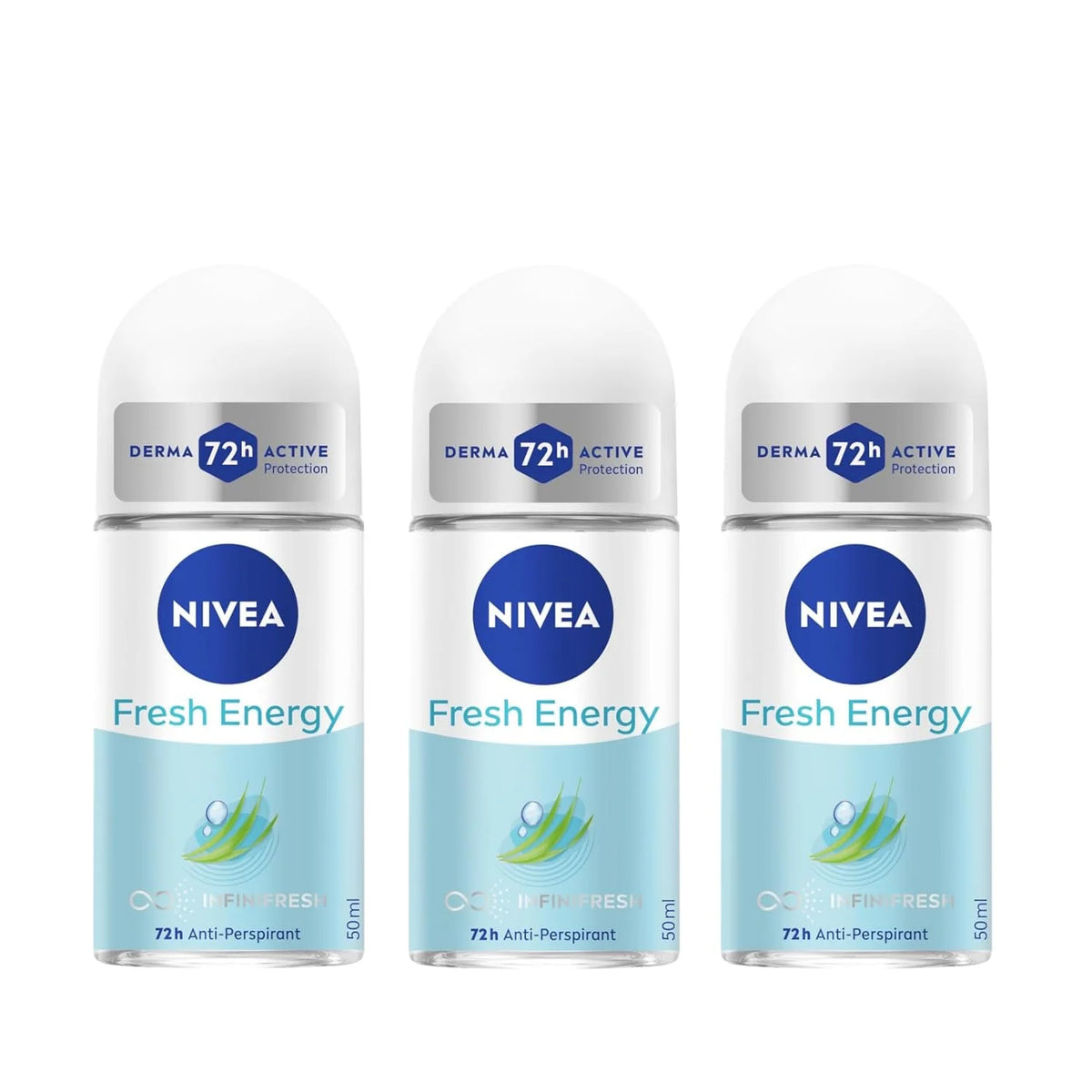 NIVEA Energy Fresh Roll-On Anti-Perspirant Deodorant 50ml | Long-Lasting 72H Odor Protection | Lemongrass Scent | Refreshing Skin Care for All-Day Freshness | No Alcohol | Compact Travel Size | 3-Pack