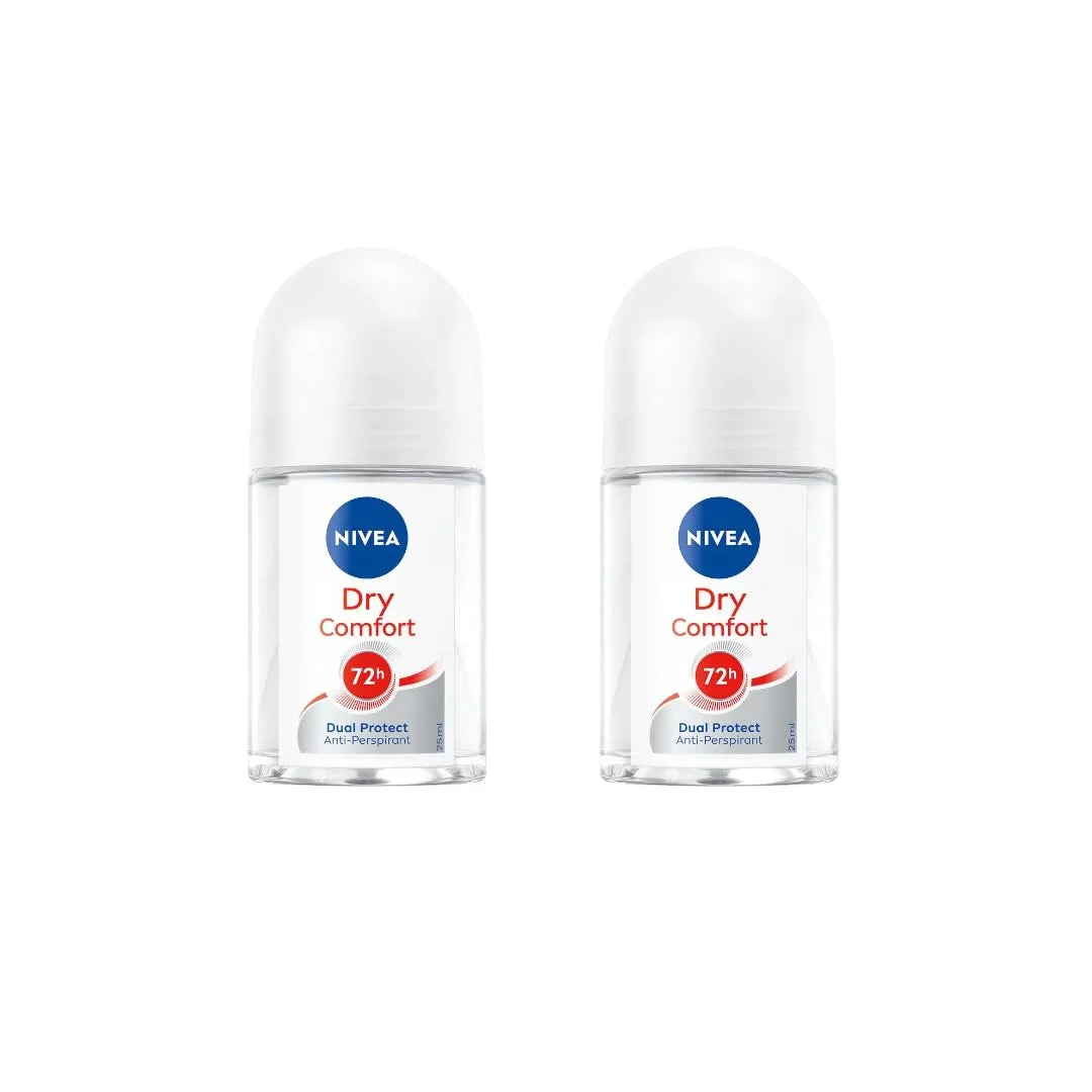 Nivea Dry Comfort Roll-On Deodorant 25ml | 72H Sweat & Odor Protection | Quick Dry Formula with Mineral Extracts | Long-Lasting Freshness & Gentle Skin Care | Compact Travel Size | 2 Pack
