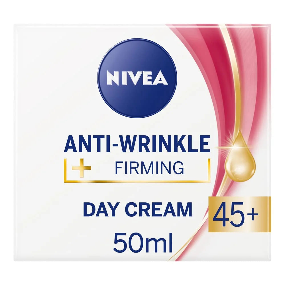 NIVEA Anti Wrinkle & Firming Day Cream 45+ – Moisturizing & Firming with Apricot Kernel Oil, Shea Butter and Vitamin E – 50 ml