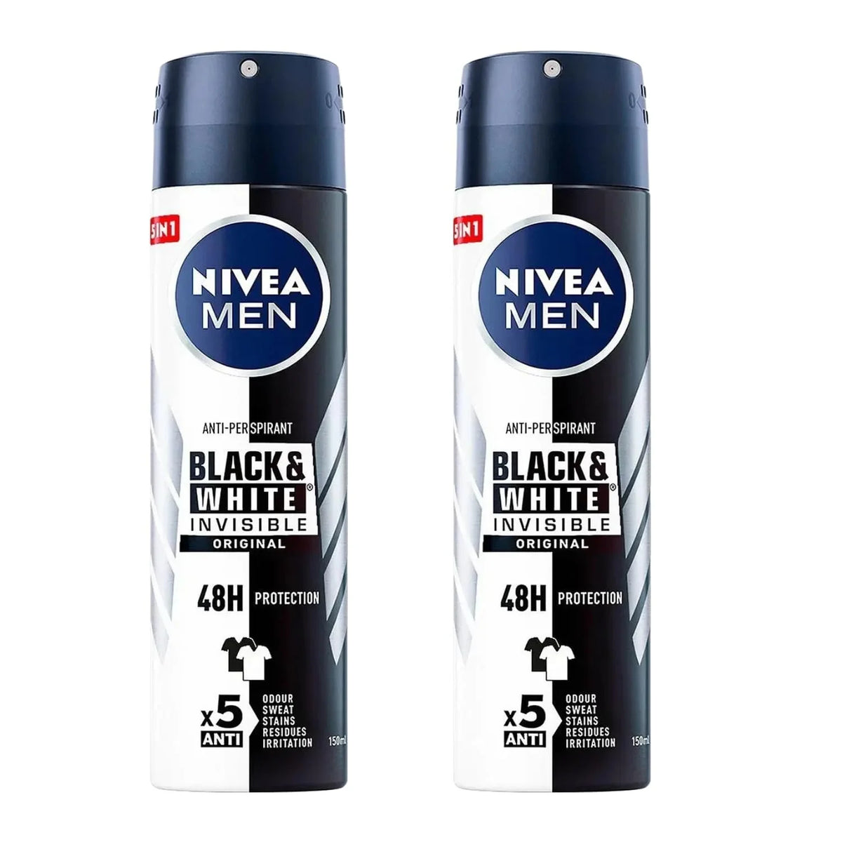 NIVEA Men Invisible for Black & White Original Deodorant Spray 150ml | No White Marks or Yellow Stains | Fresh Scent | Quick-Dry, 2 Packs