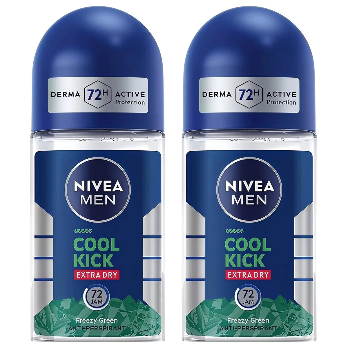 Nivea Men Roll On Deodorant Cool Kick Extra Dry Freezy Green 50mL Long-Lasting Freshness Protection Quick Drying Formula Gentle on Skin for Men, Pack of 2