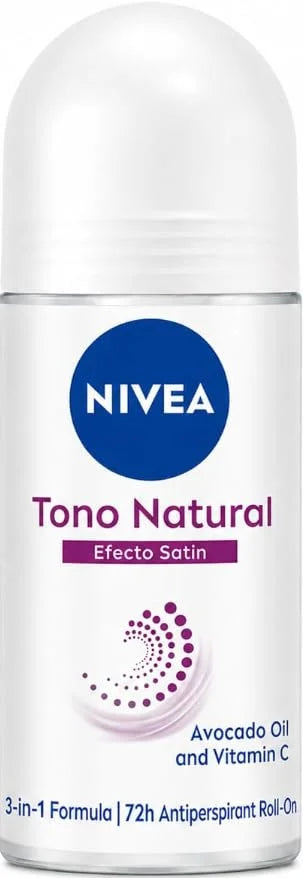NIVEA Aclarado Tono Natural Efecto Satin Roll-On Deodorant 50ml (1.69 fl oz) – 72H Odor Protection, Avocado Oil & Vitamin C, Smooth Underarm Care, USA Version (English Label)
