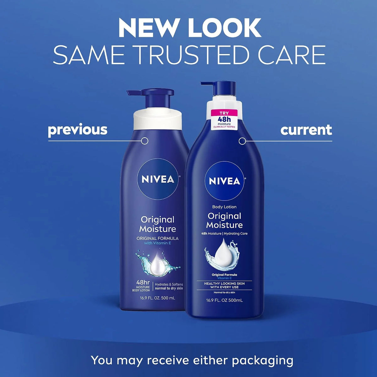 NIVEA Original Moisture Body Lotion with Vitamin E,48-Hour Body Moisturizer for Normal to Dry Skin,16.9 Fl Oz Pump Bottle, (Pack of 2)