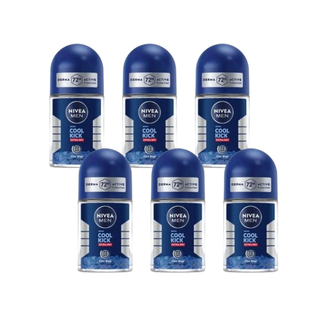 NIVEA Men Cool Kick Anti-Perspirant Roll-On Deodorant 25ml – 72 Hour Sweat & Odor Protection, Refreshing Cool Formula with Masculine Scent, Skin Comfort, Quick Dry, Long-Lasting Freshness, 6 Pack