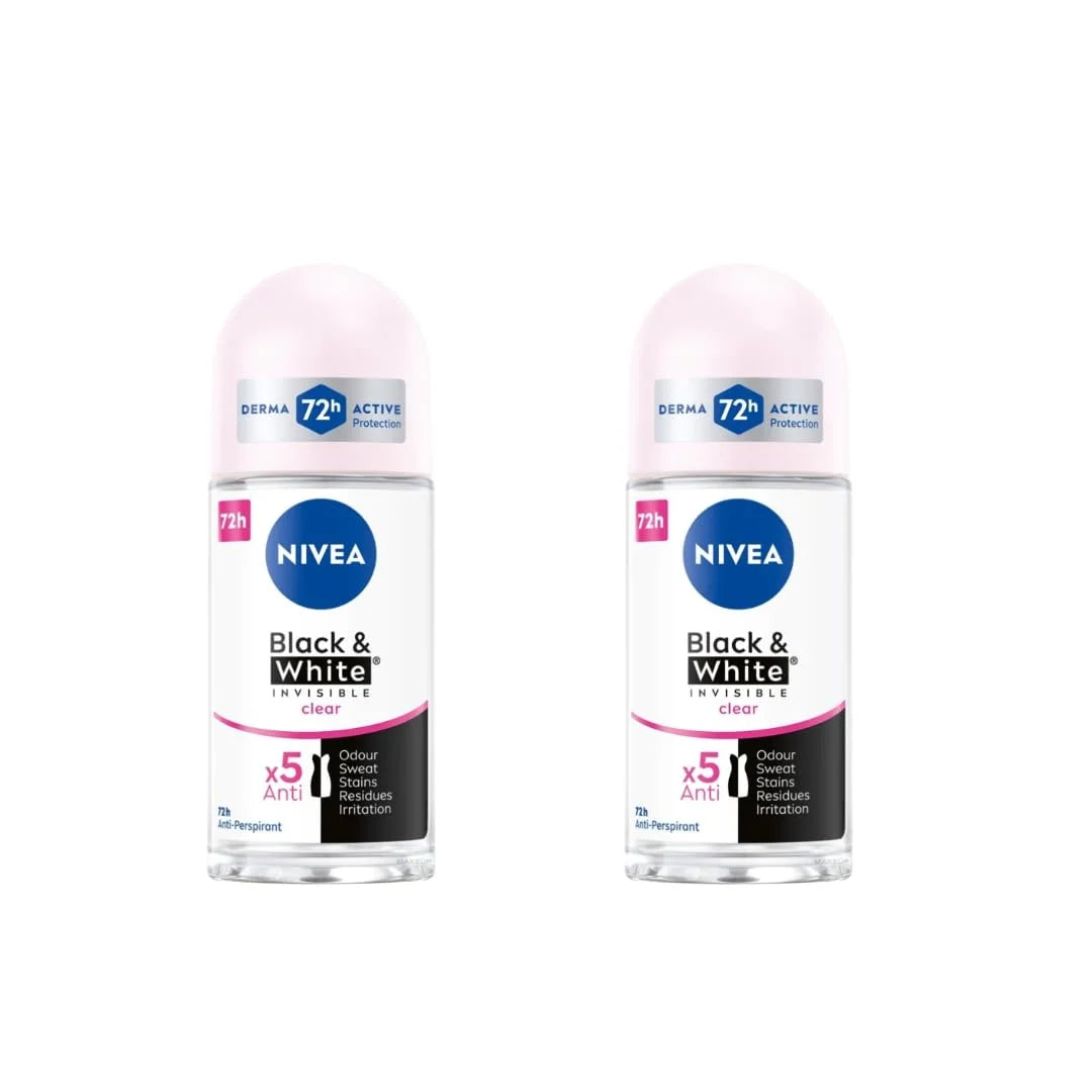 Nivea Black & White Invisible Clear Roll-On Deodorant 72h 25ml | Long-Lasting Freshness | Anti-Stain Formula | For All Day Protection Against Sweat, Odor & Yellow or White Marks on Clothes | 2-Pack
