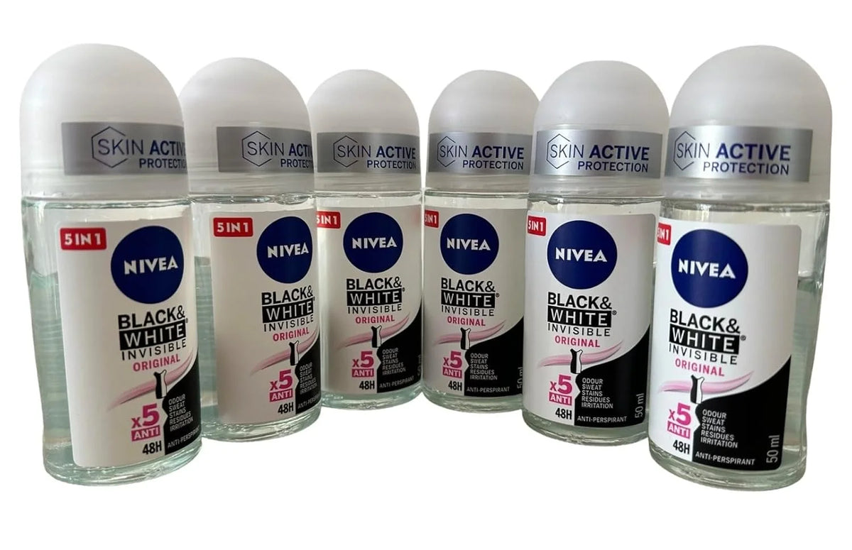 NIVEA 50ml Invisible Black And White Clear Roll On Anti Perspirant Deodorant, Pack of 6