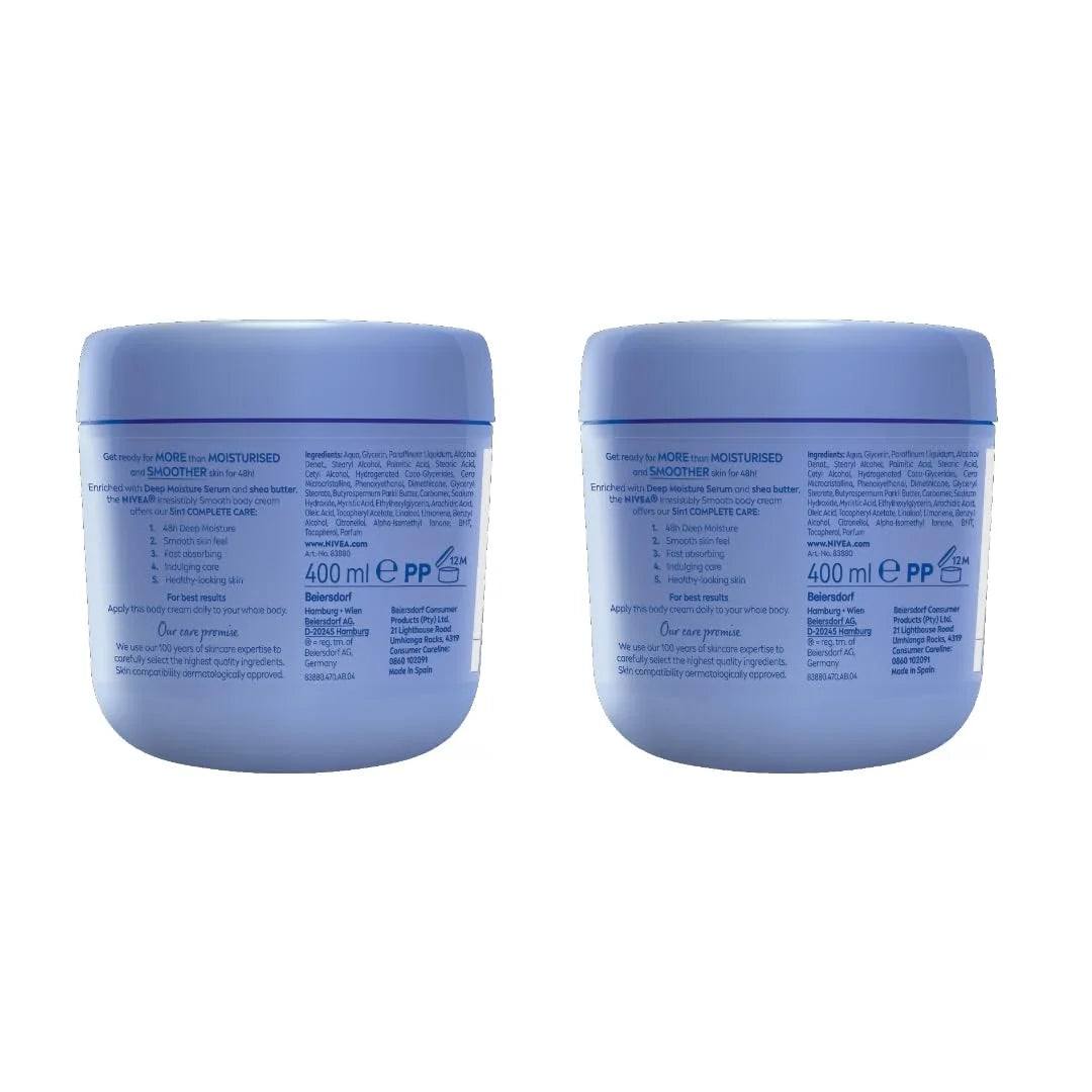 NIVEA Irresistibly Smooth Body Cream with Shea Butter, Deep Moisture Serum, 400ml – Intense Hydration for Dry Skin, Non-Greasy, 48-Hour Moisture, Silky Soft Skin, Daily Body Lotion, Pack of 2