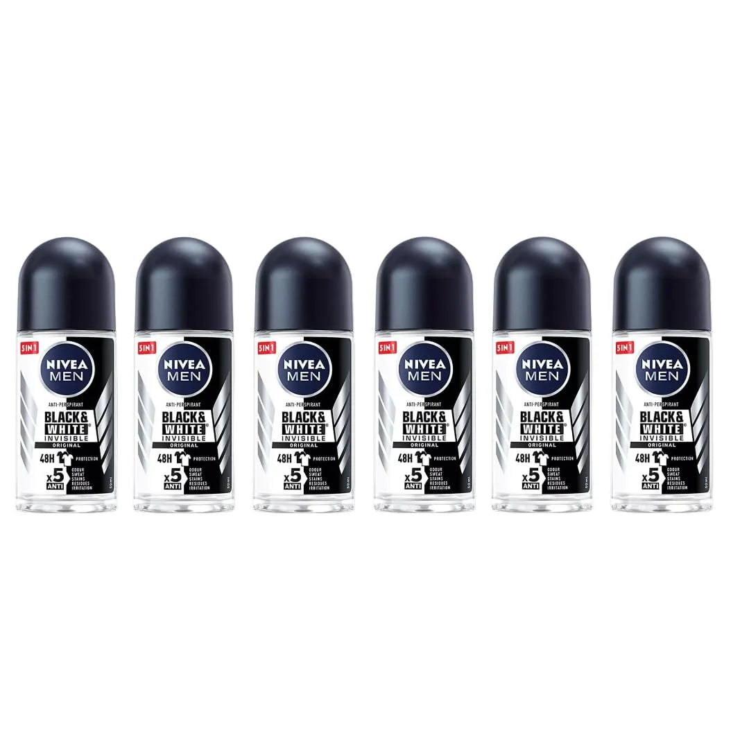 Nivea Men Black & White Invisible Fresh Roll On Deodorant 50ml | 72H Anti-Perspirant Protection | No White Marks or Yellow Stains | Long-Lasting | Gentle on Skin | Travel Size for Men | 6-Pack