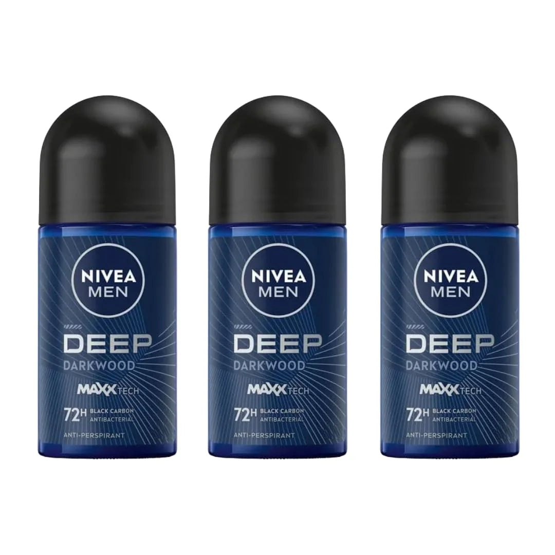 NIVEA Men Deep Darkwood MaxxTech 72H Deo Roll-On, 25ml | Long-Lasting Odor Protection with Charcoal & Masculine Woody Scent | Anti-Bacterial Formula for Deep Fresh Confidence | 3-Pack