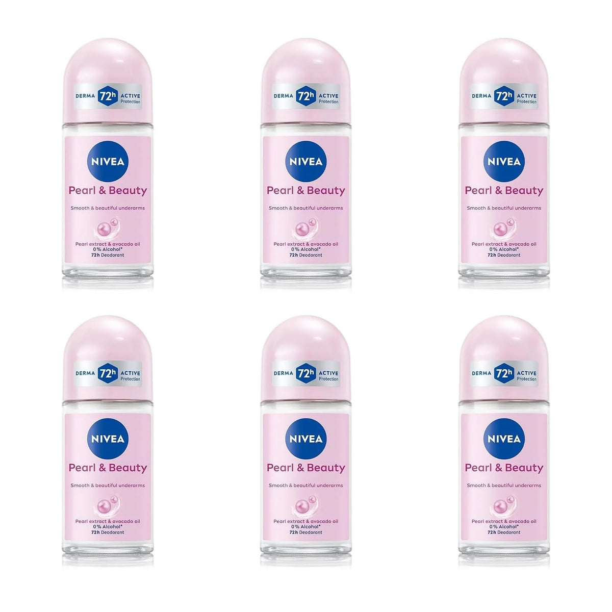 NIVEA Pearl & Beauty Roll On Deodorant for Women, 50ml (Pack of 6) | 72H Sweat & Odor Protection | Pearl Extract & Avocado Oil | 0% Ethyl Alcohol | Antiperspirant Roll-On