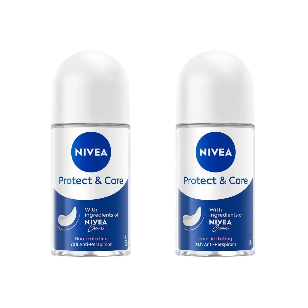 NIVEA Protect & Care Roll-On Deodorant, 72H Protection, 0% Alcohol, Freshness, Gentle Underarm Skin Care, 50ml, Dermatologist Tested, Pack of 2