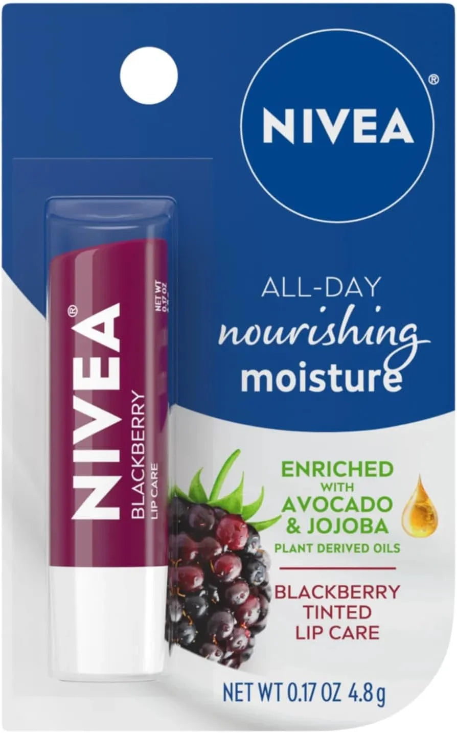 NIVEA Blackberry Lip Care, Tinted Lip Balm with Shea Butter, Nourishing Oils and Vitamin C & E, 3-in-1 Moisture, Repair (for Dry Lips) and Color, 0.17 Oz Stick