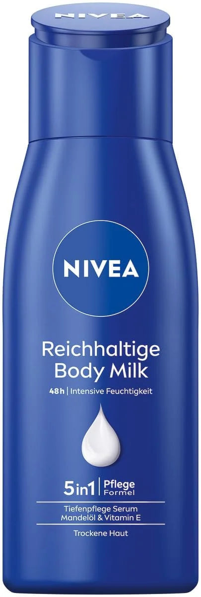 NIVEA Rich Body Milk Mini 75 ml (2.5 fl oz), Intensive Nourishing Body Lotion with Almond Oil of Natural Origin and Vitamin E, Travel Size Body Cream for Daily Skin Care, Convenient Portable Bottle