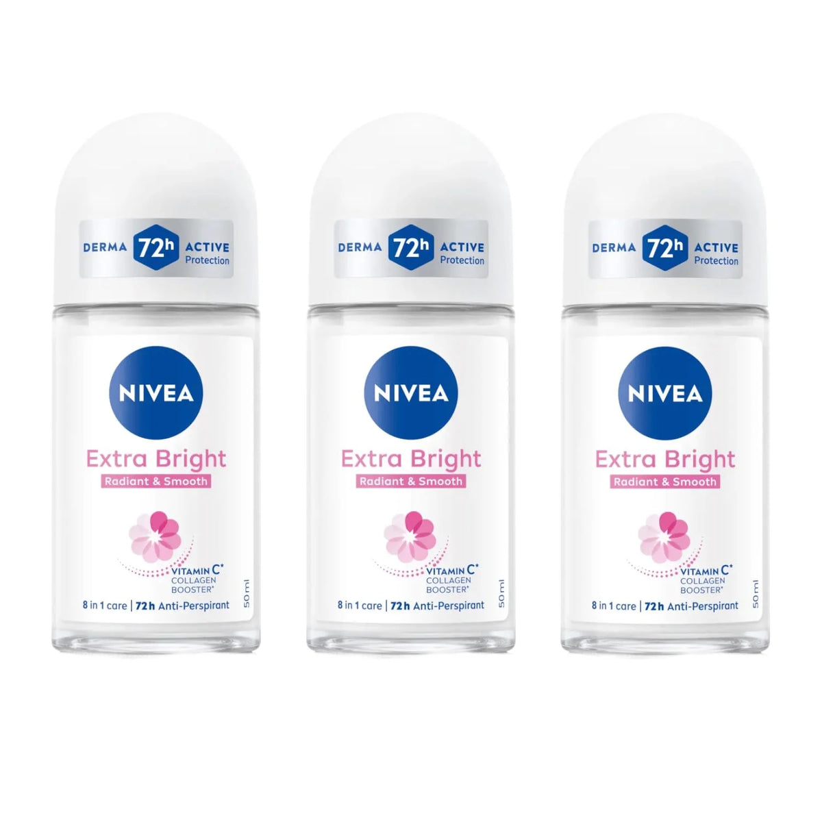 NIVEA Extra Bright 8 Super Food Vitamin C Collagen Booster Underarm Roll-On Deodorant, Alcohol-Free, 72HR Odor Protection, Smooth & Bright Skin, 50ml, 1.69oz, Pack of 3