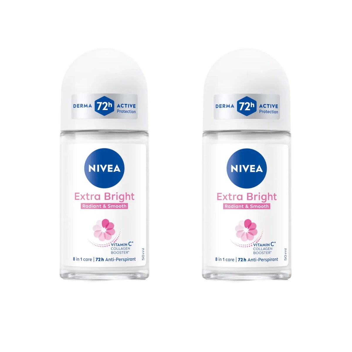 NIVEA Extra Bright 8 Super Food Vitamin C Collagen Booster Underarm Roll-On Deodorant, Alcohol-Free, 72HR Odor Protection, Smooth & Bright Skin, 50ml, 1.69oz, Pack of 2