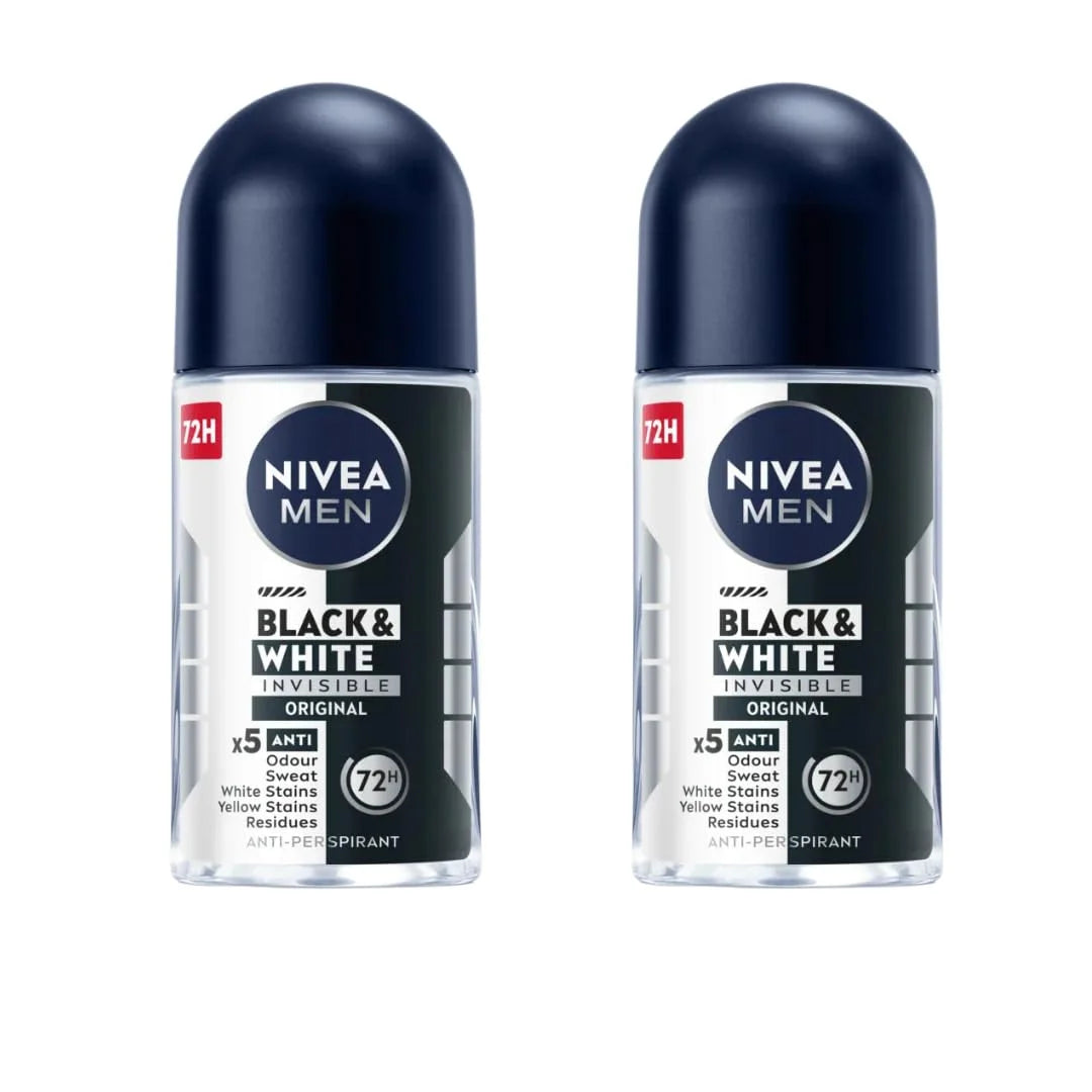 NIVEA Men Roll-On Deodorant Invisible Black & White Original, 72H Anti-Perspirant Protection, Fights Sweat & Body Odor, No White or Yellow Marks on Clothes, Long-Lasting Freshness, 25ml, Pack of 2