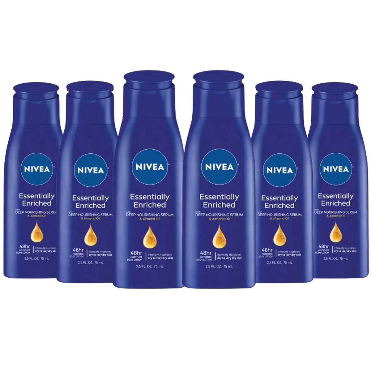 NIVEA Essentially Enriched Body Lotion for Very Dry Skin with Hyaluronic Acid, Almond Oil and Deep Nourishing Serum, 72-Hour Body Moisturizer, 2.5 Fl Oz Bottle (Pack of 6)