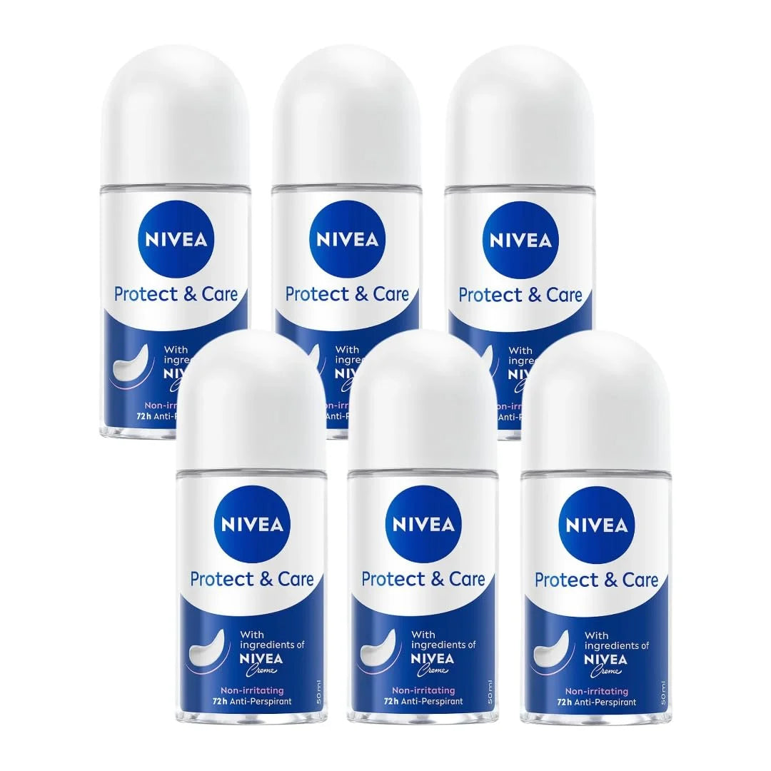 NIVEA Protect & Care Roll-On Deodorant, 72H Protection, 0% Alcohol, Freshness, Gentle Underarm Skin Care, 50ml, Dermatologist Tested, Pack of 6