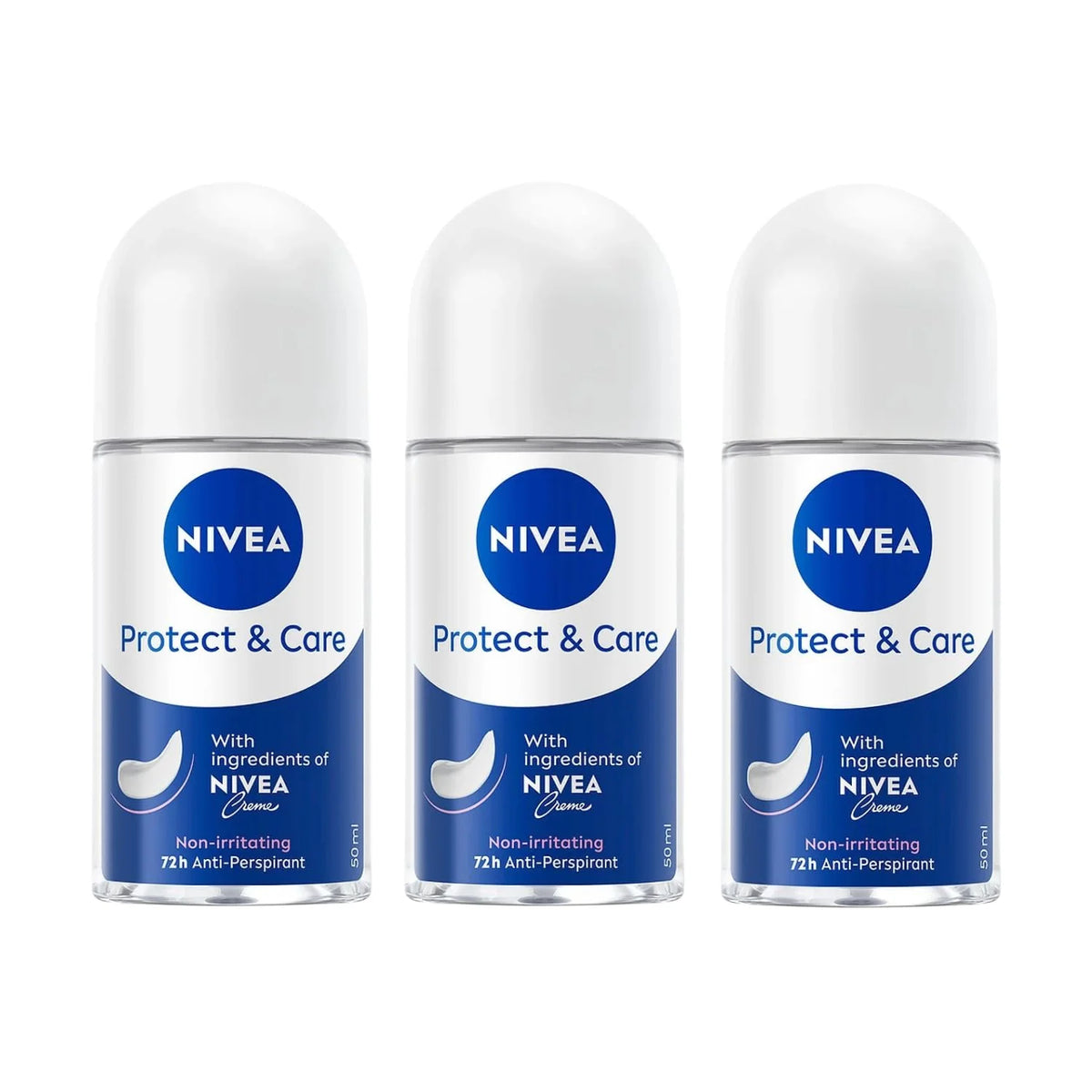 NIVEA Protect & Care Roll-On Deodorant, 72H Protection, 0% Alcohol, Freshness, Gentle Underarm Skin Care, 50ml, Dermatologist Tested, Pack of 3