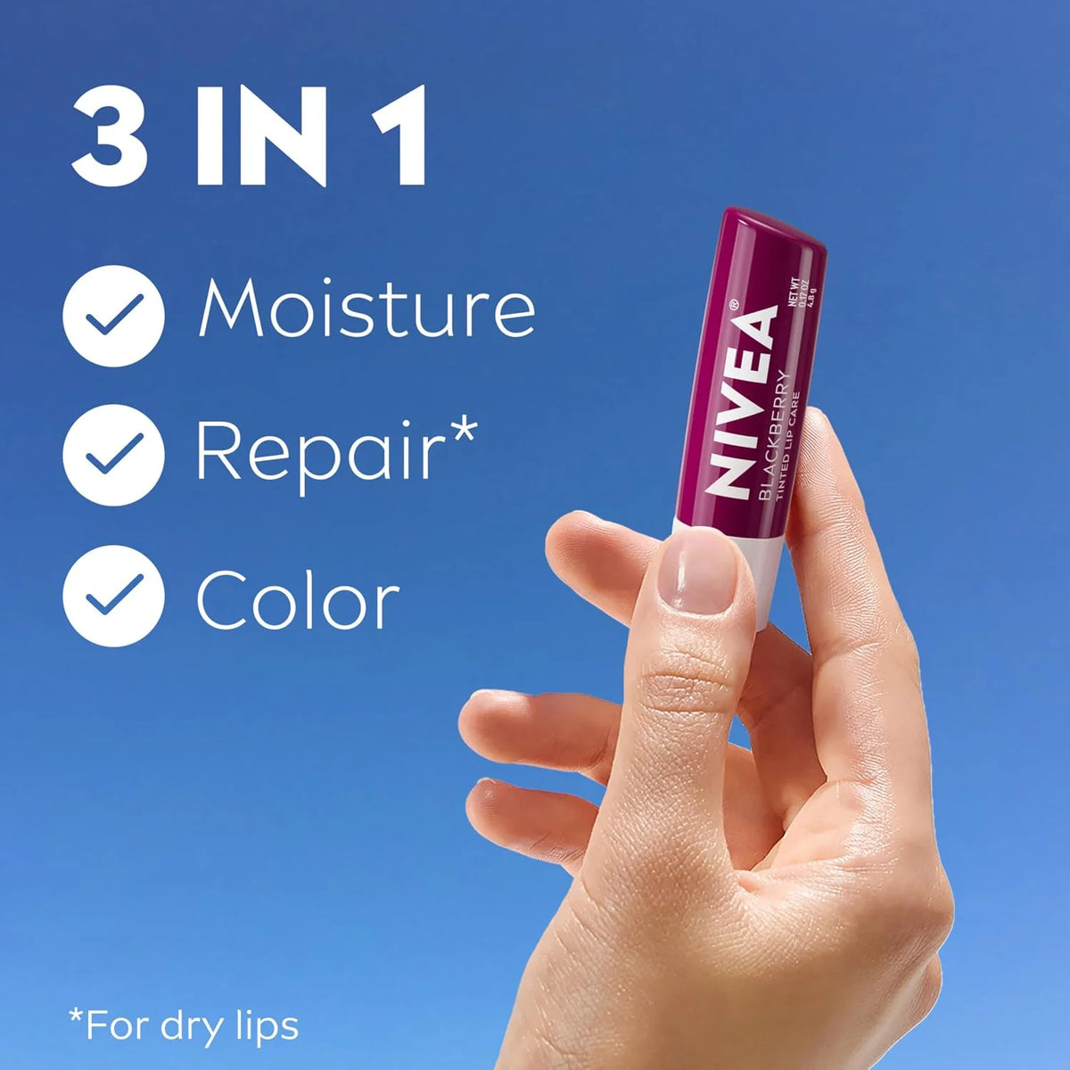 NIVEA Blackberry Lip Care, Tinted Lip Balm with Shea Butter, Nourishing Oils and Vitamin C & E, 3-in-1 Moisture, Repair (for Dry Lips) and Color, 0.17 Oz Stick (Pack of 2)