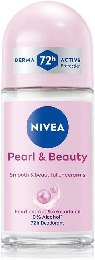 NIVEA Pearl & Beauty Roll On Deodorant for Women, 50ml (Pack of 6) | 72H Sweat & Odor Protection | Pearl Extract & Avocado Oil | 0% Ethyl Alcohol | Antiperspirant Roll-On