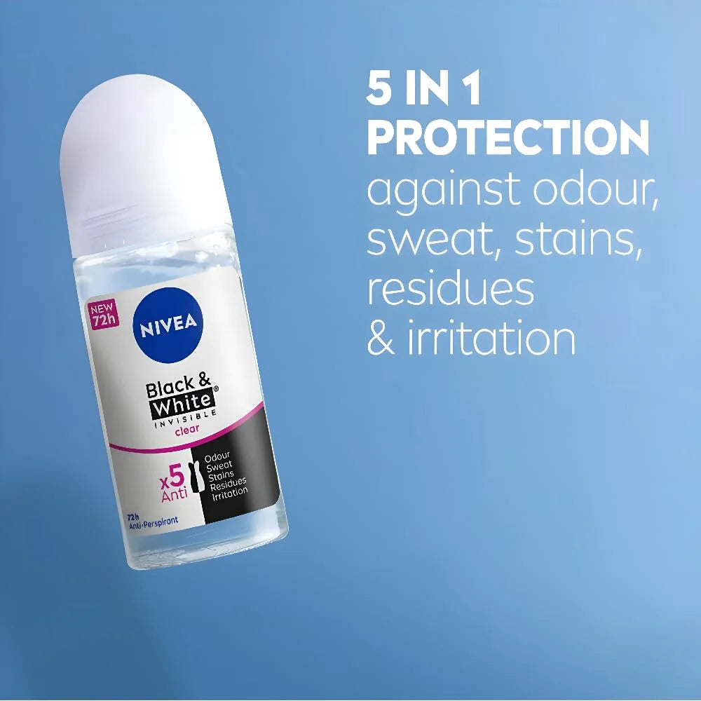 Nivea Black & White Invisible Clear Roll-On Deodorant 72h 25ml | Long-Lasting Freshness | Anti-Stain Formula | For All Day Protection Against Sweat, Odor & Yellow or White Marks on Clothes | 2-Pack