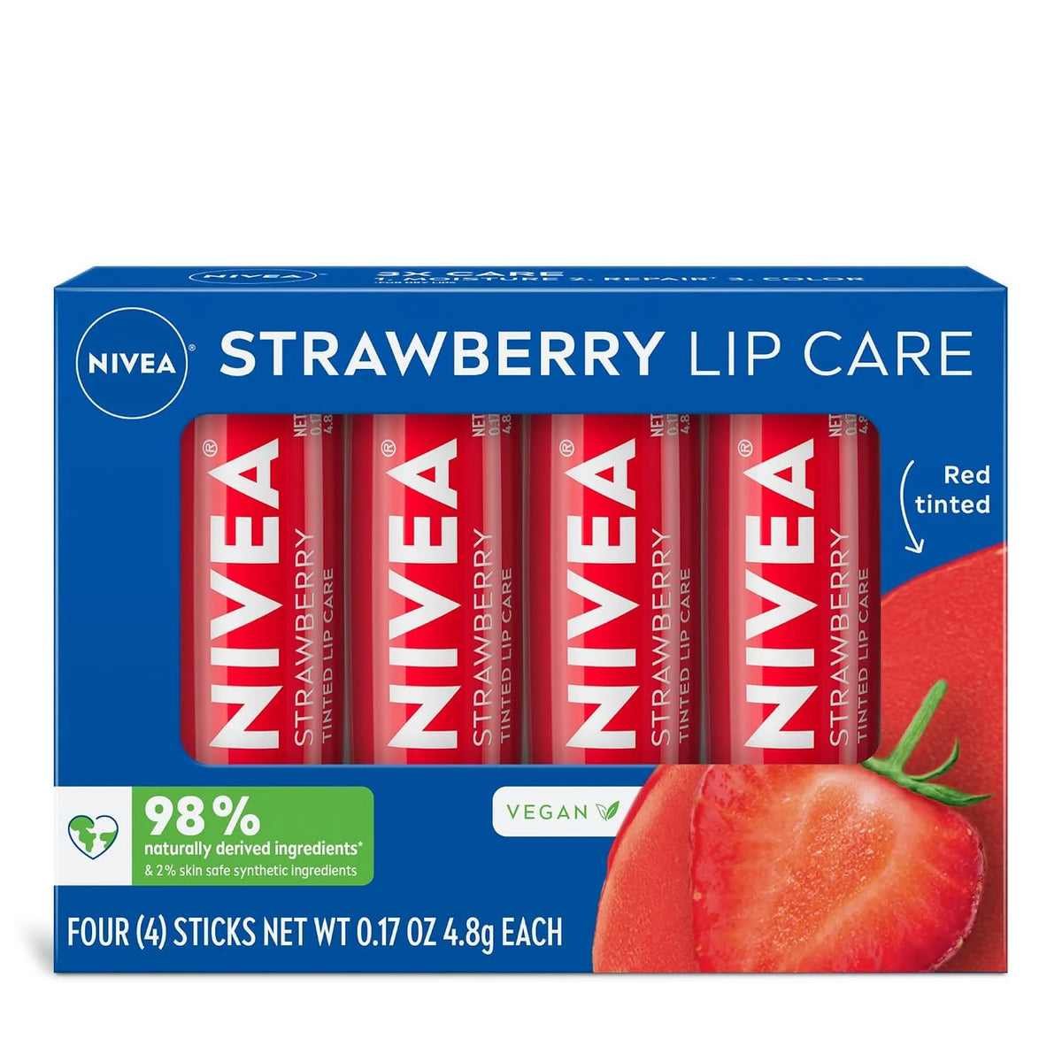 NIVEA Strawberry Lip Care, Tinted Lip Balms with Shea Butter, 4 x 0.17 OZ