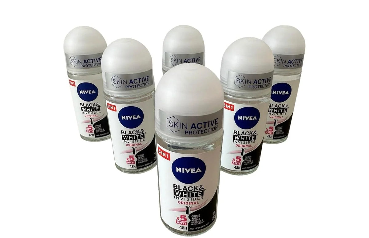 NIVEA 50ml Invisible Black And White Clear Roll On Anti Perspirant Deodorant, Pack of 6