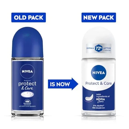 NIVEA Protect & Care Roll-On Deodorant, 72H Protection, 0% Alcohol, Freshness, Gentle Underarm Skin Care, 50ml, Dermatologist Tested, Pack of 6