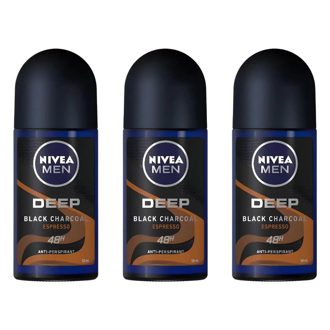 NIVEA MEN DEEP Black Carbon Espresso Anti-Perspirant Roll-On, 50 mL — 72-Hour Odor & Sweat Protection, No Visible Black Residue, Long-Lasting Espresso Scent, Pack Of 3
