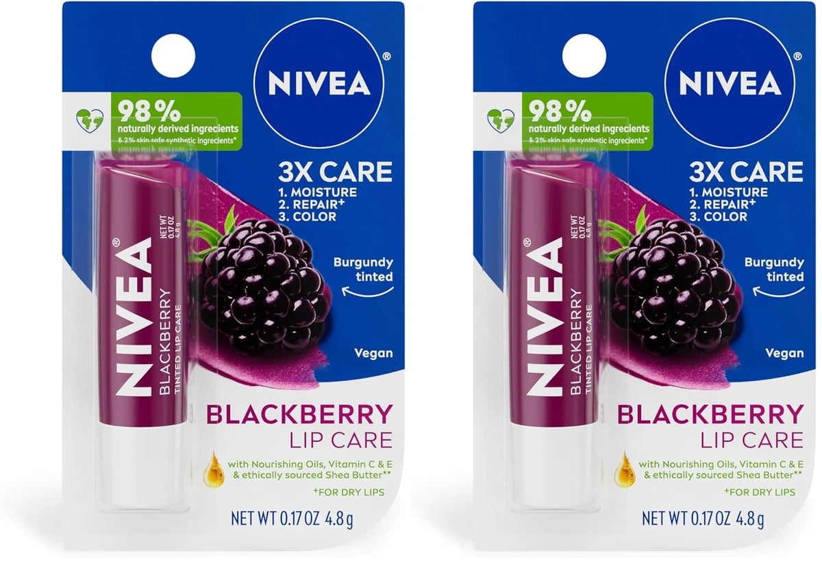 NIVEA Blackberry Lip Care, Tinted Lip Balm with Shea Butter, Nourishing Oils and Vitamin C & E, 3-in-1 Moisture, Repair (for Dry Lips) and Color, 0.17 Oz Stick (Pack of 2)