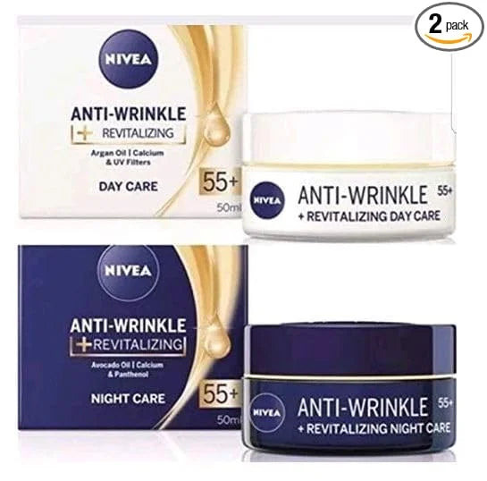 NIVEA Revitalizing Moisture Duo for Mature Skin 55+ – Complete Day and Night Facial Care Set with Argan and Avocado Oils for Nourished, Smooth-Feeling Skin – 2 Creams, 100 ml Total
