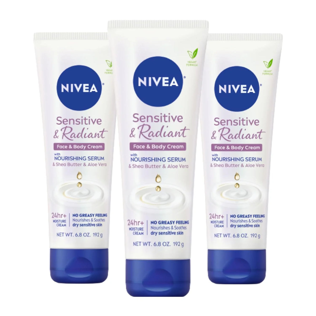 NIVEA Sensitive and Radiant Face and Body Cream for Dry, Sensitive Skin, Vegan Body and Face Moisturizer with Shea Butter and Aloe Vera, 6.8 Oz Tube, Pack of 3